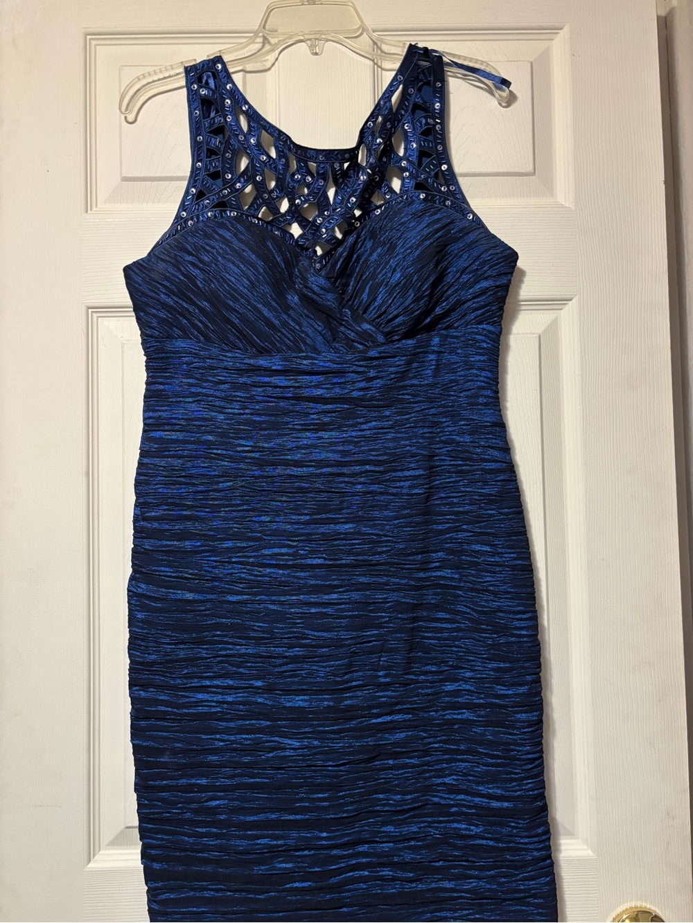 Roz & Ali Navy Blue Ruched Midi Dress with Jeweled Lattice Yoke